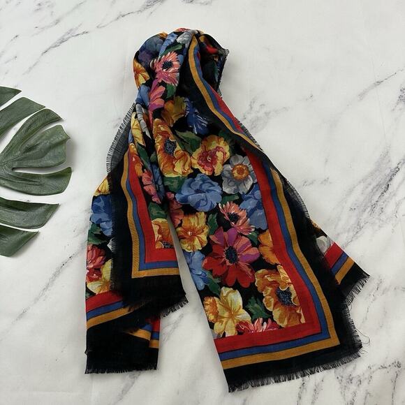 Charter Club Accessories - Charter Club Vintage 90s Wool Scarf Black Colorful Floral Large Square